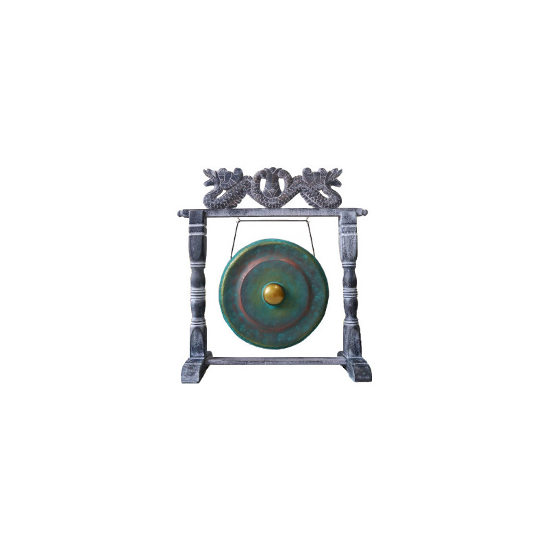 Gong Balinais en laiton vert-de-gris 35cm avec support cadre en bois d'albasia Double Dragon