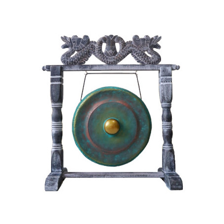 Gong Balinais en laiton vert-de-gris 35cm avec support cadre en bois d'albasia Double Dragon