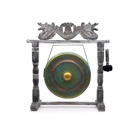 Gong Balinais en laiton vert-de-gris 50cm avec support cadre en bois d'albasia Double Dragon L85xh80cm