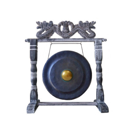 Gong Balinais en laiton noir et or 50cm avec support cadre en bois d'albasia Double Dragon L85xh80cm