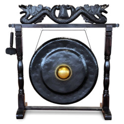 Gong Balinais en laiton noir et or 80cm avec support cadre en bois d'albasia Double Dragon L123xh130cm