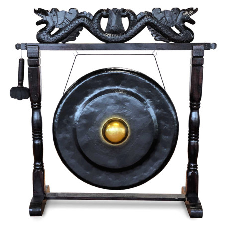 Gong Balinais en laiton noir et or 80cm avec support cadre en bois d'albasia Double Dragon L123xh130cm